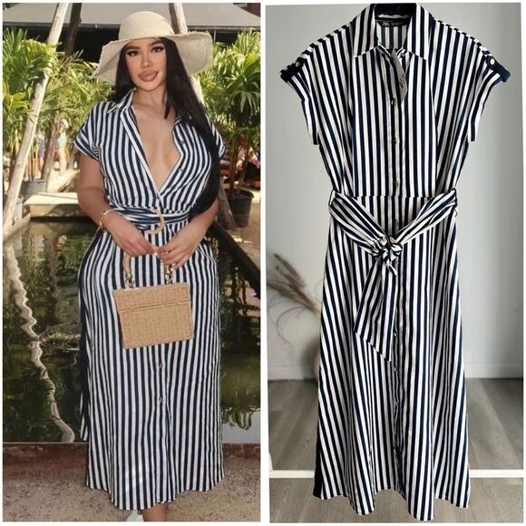 Zara Dresses & Skirts - ZARA STRIPED LINEN BLEND MIDI DRESS